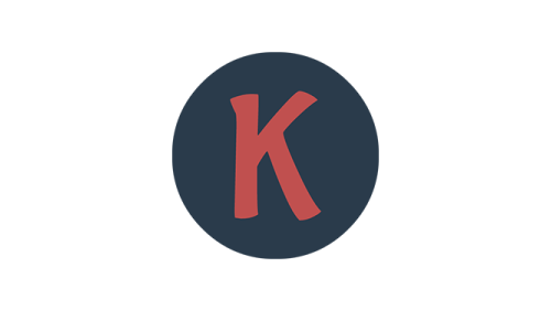 A red letter k is in a blue circle on a white background.