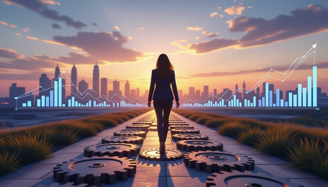 Woman walking towards a cityscape with overlaid financial charts and gears on a path during sunset.