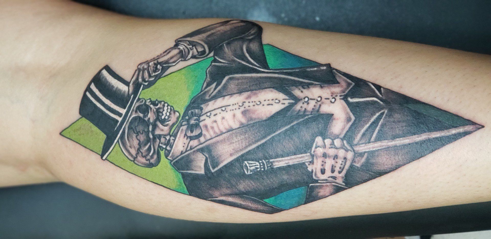 A Male Skeleton Dressed as Formal Tattoo — San Antonio, TX — Skin Graphics Tattoos & Body Piercing