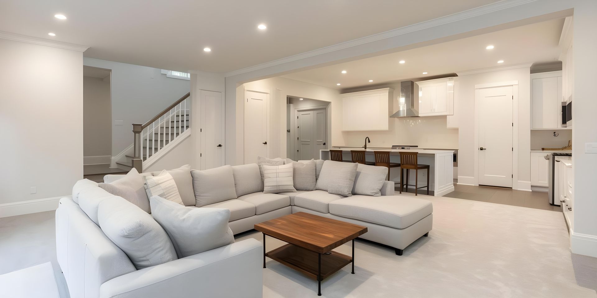 Bright, modern living room with white walls, sectional sofa, and open kitchen with wood coffee table.