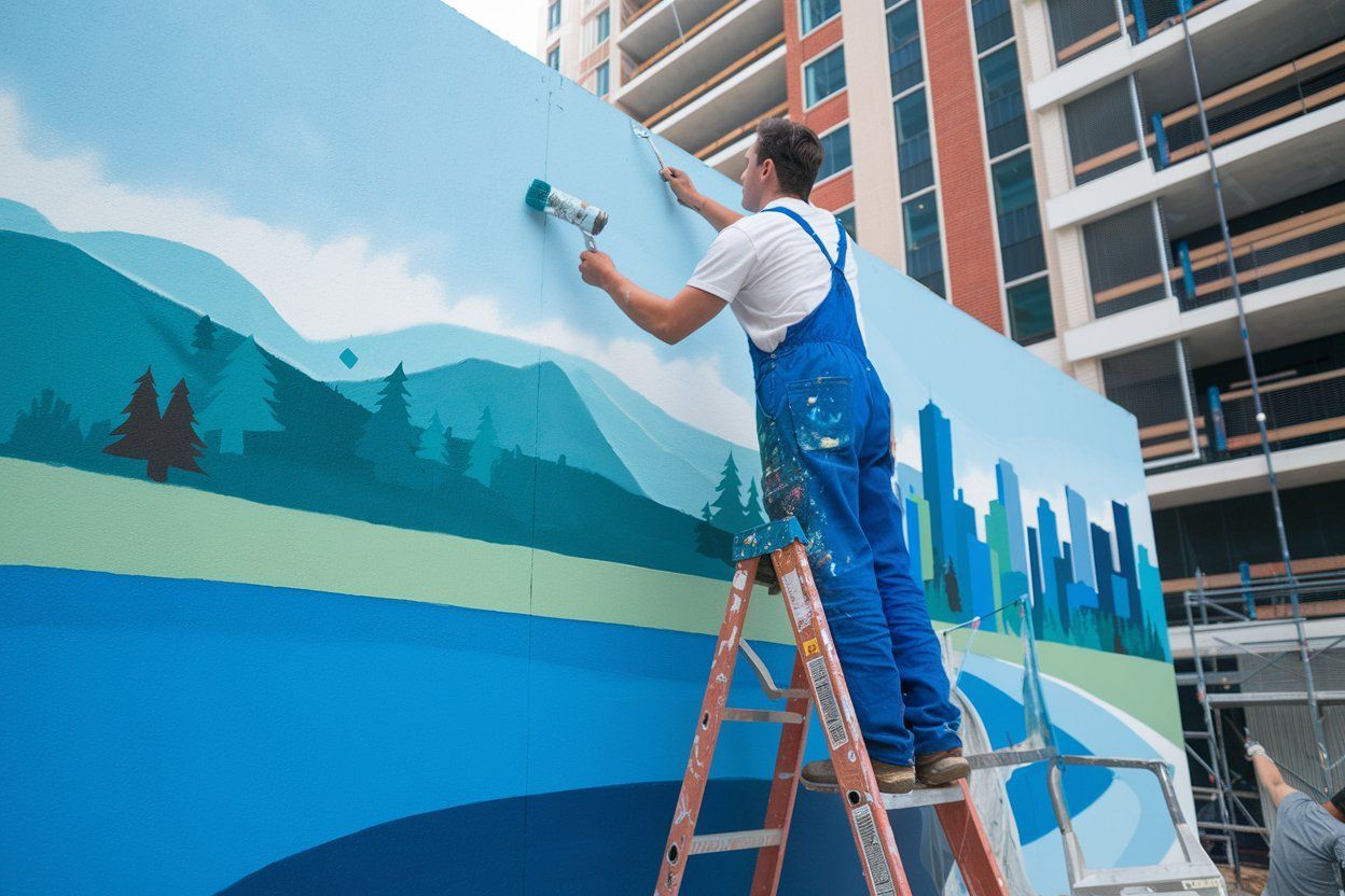 A man is standing on a ladder painting a mural on a wall.