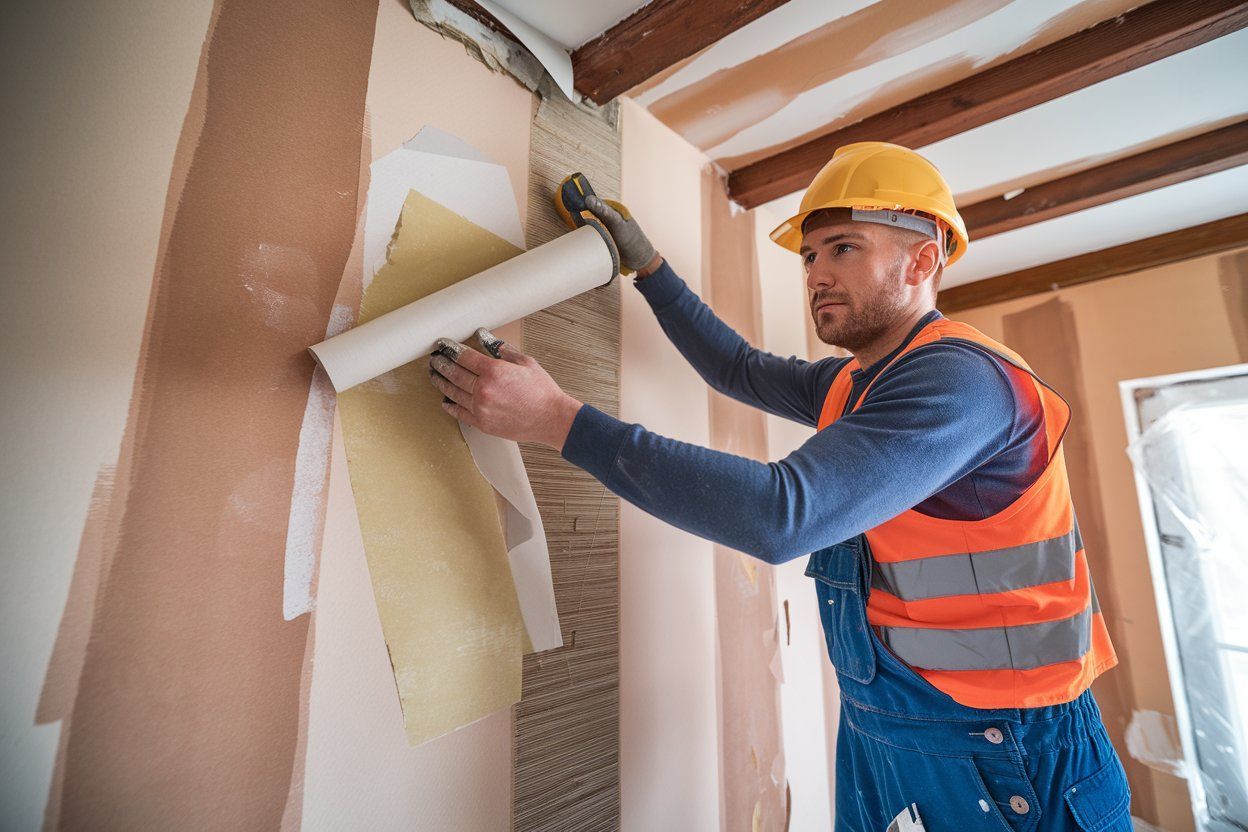 A man is rolling wallpaper on a wall.