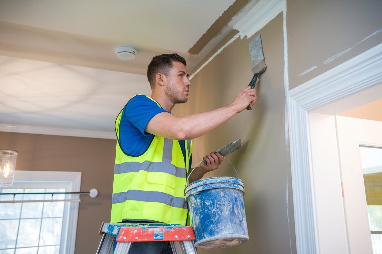 A man is standing on a ladder painting a wall.