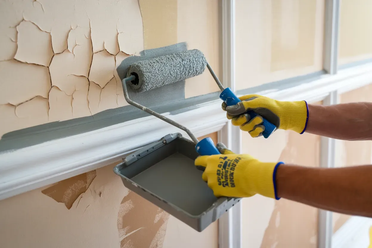 A person wearing yellow gloves is painting a wall with a roller.