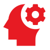 Silhouette rouge d'une tête avec un symbole d'engrenage à l'intérieur, représentant les idées et la pensée.