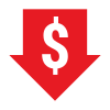 Flèche rouge pointant vers le bas avec un symbole dollar blanc, indiquant une vente ou une réduction de prix.