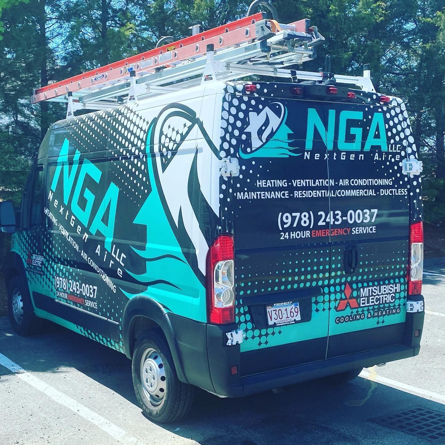 Black and teal NGA Next Gen Air van with ladder on top, parked in lot. Contact info visible.