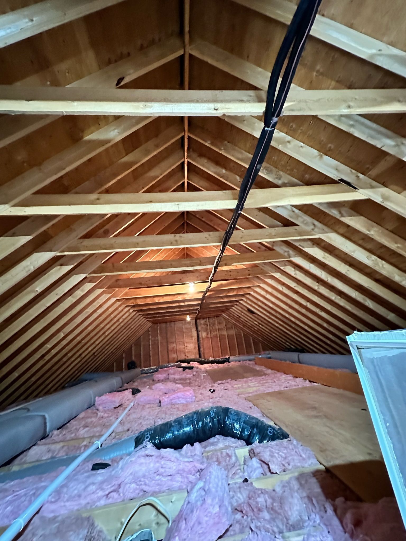 Interior view of an attic with wood framing, pink insulation, and a black cable running down the center.