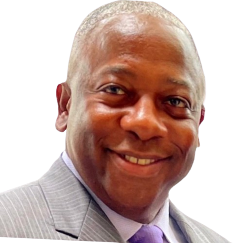 Smiling man in light gray suit with purple tie.