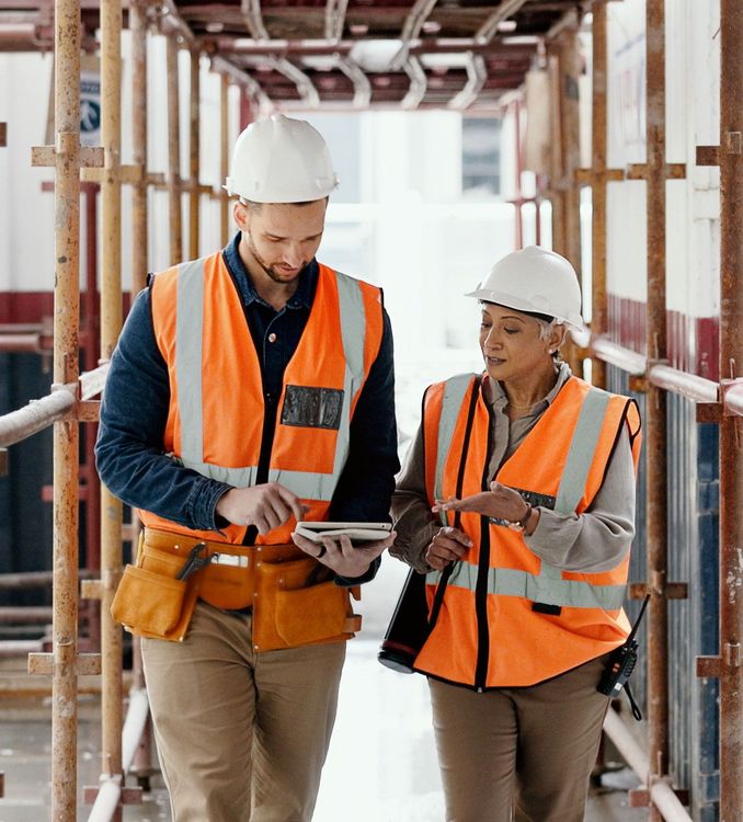 A man and a woman are walking down a hallway while looking at a tablet.