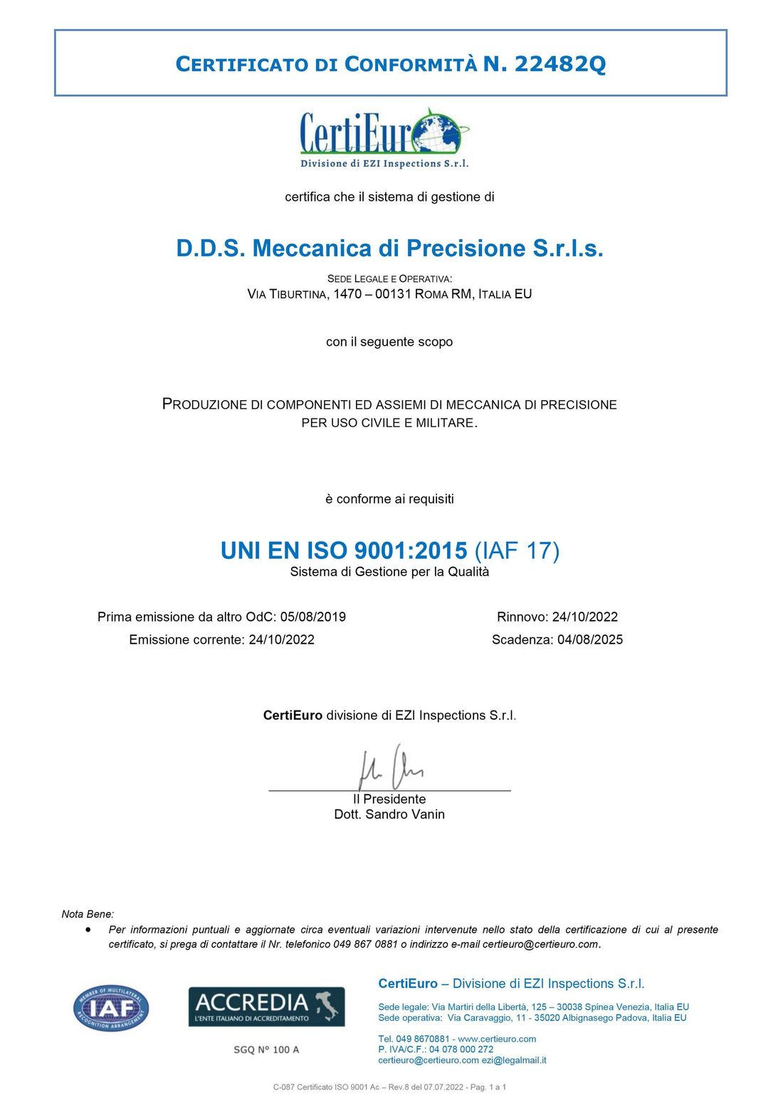 certificato ISO 9001; 2015