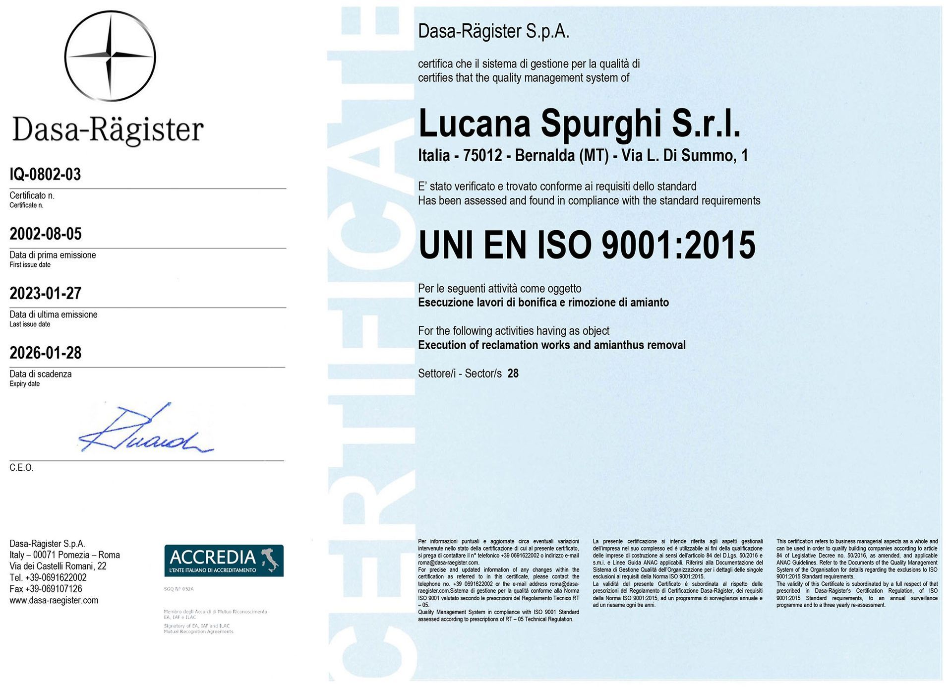 certificato di qualità Lucana Spurghi UNI EN ISO 9001:2015