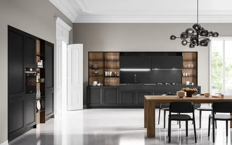 cucina nera con vani a giorno