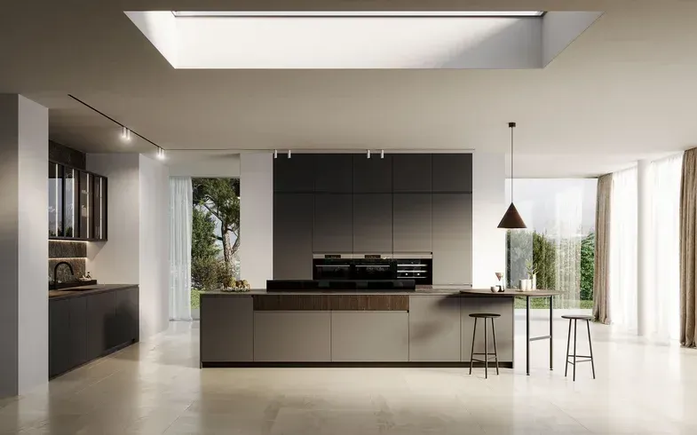 cucina nera con isola e ripiano snack