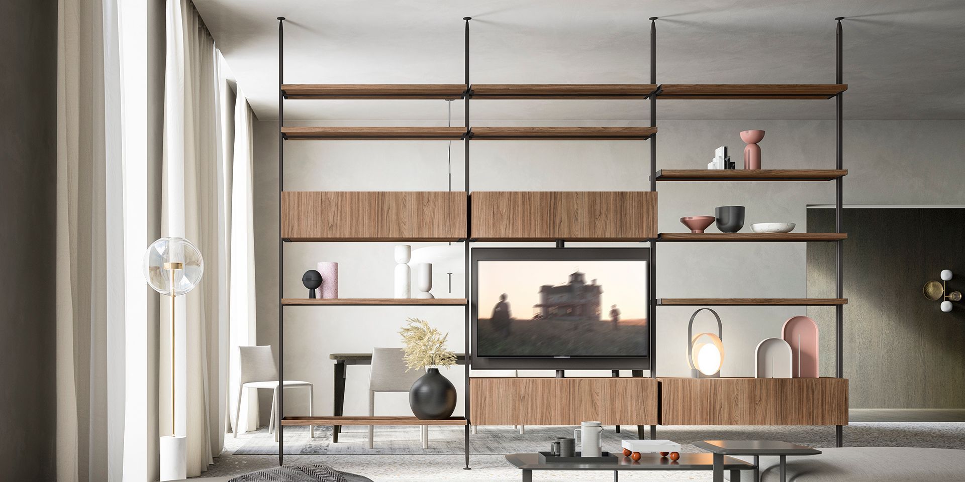 parete attrezzata con vani a giorno