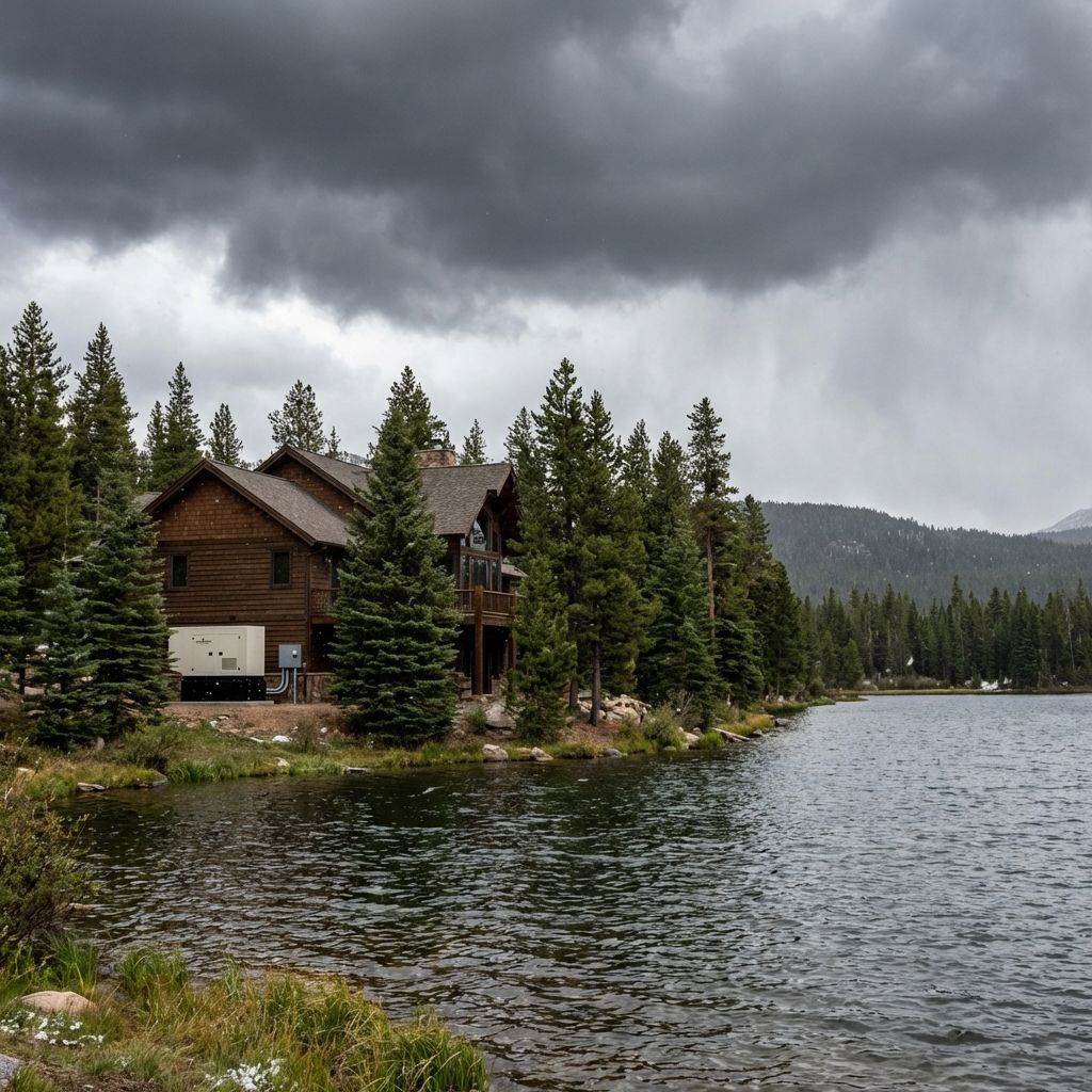 Lake Arrowhead cabin under storm clouds requiring backup generator power