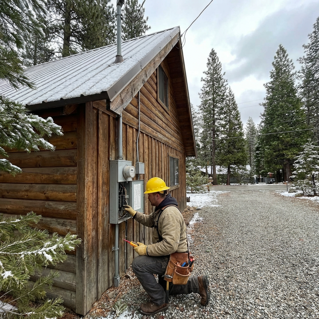 Licensed electrician inspecting outdoor meter base at a mountain cabin in Lake Arrowhead, California