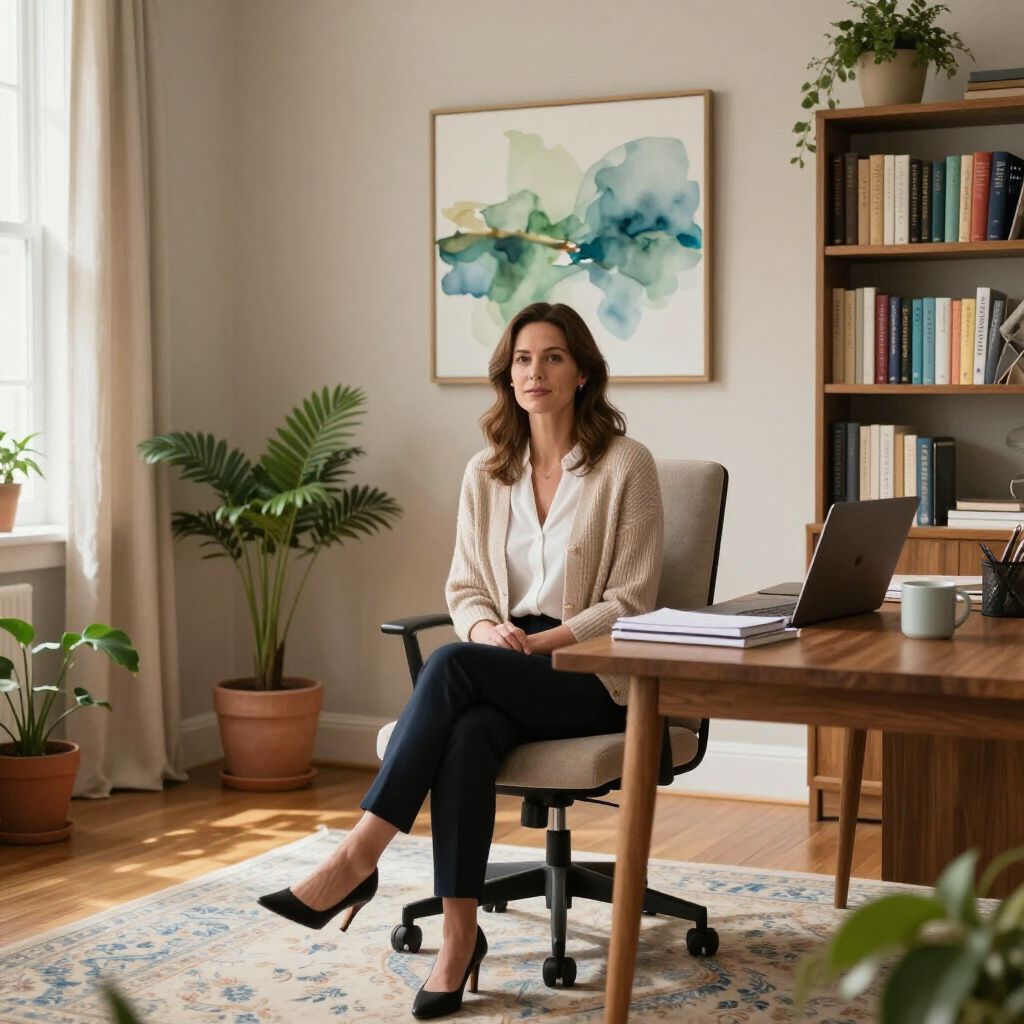 Woman sitting at desk in home office, looking at the camera. Neutral colors, plants, artwork, and laptop.