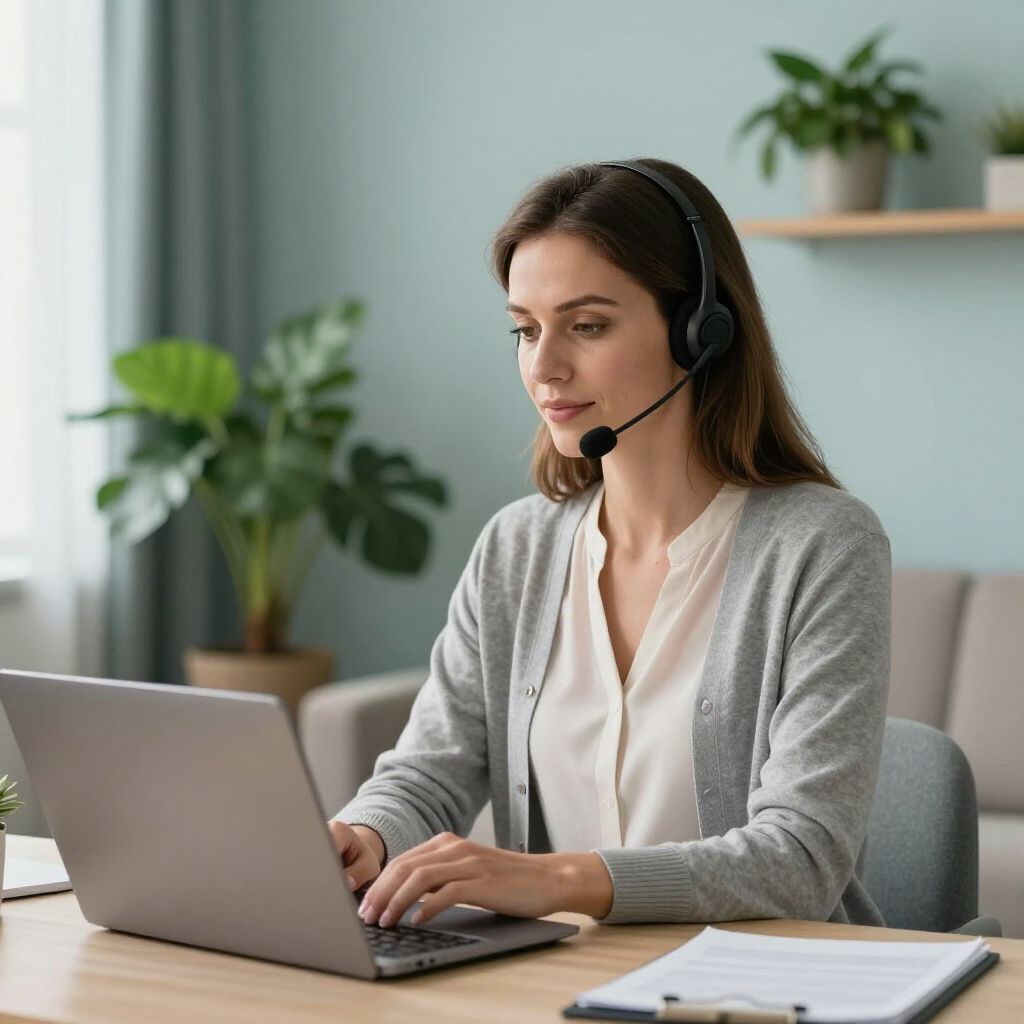 Woman with headset working on laptop at a desk in a home office.