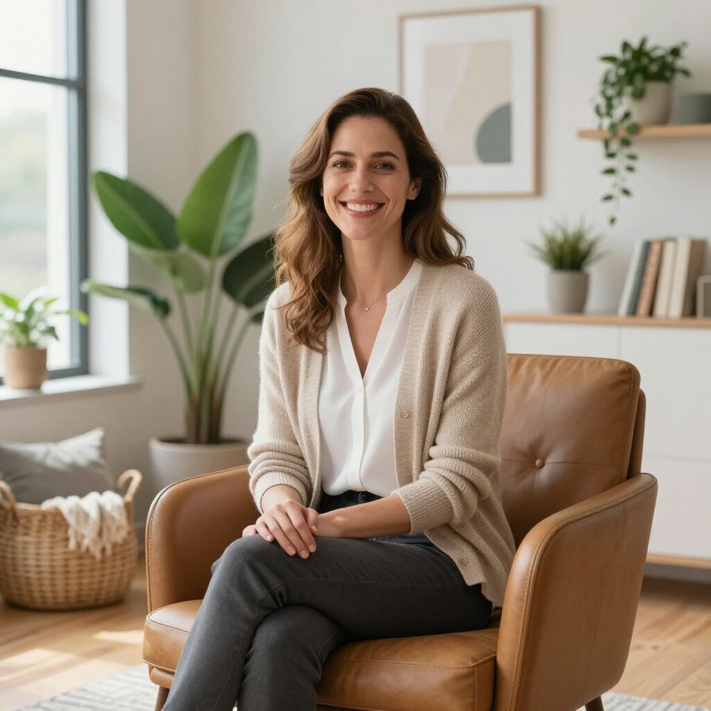 Woman in a beige cardigan smiles, sitting in a brown armchair in a bright living room.