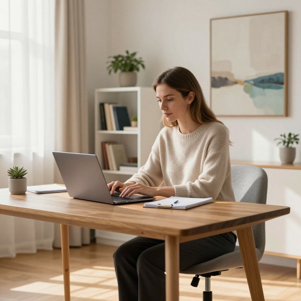 Woman in beige sweater types on laptop at wooden desk. Sunlight streams in from a nearby window.