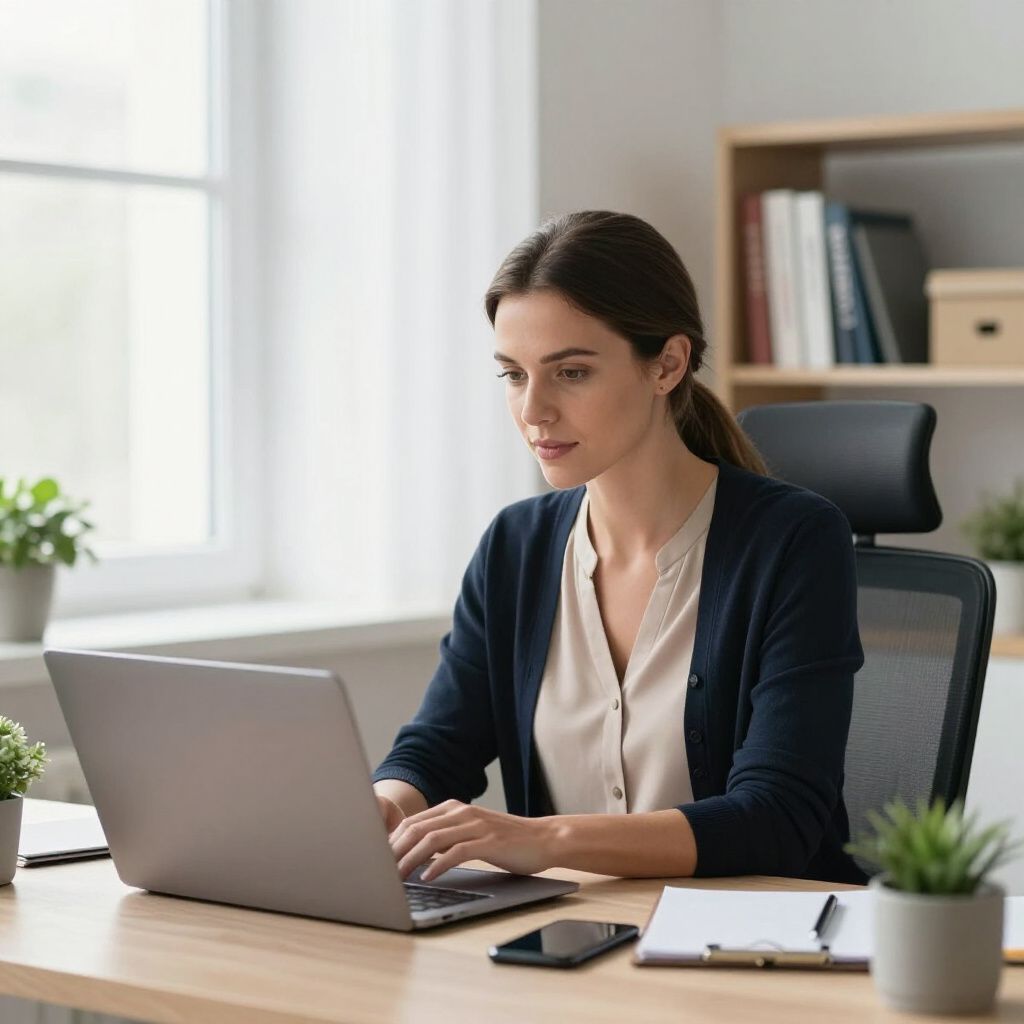 Woman working on laptop at desk in office setting.