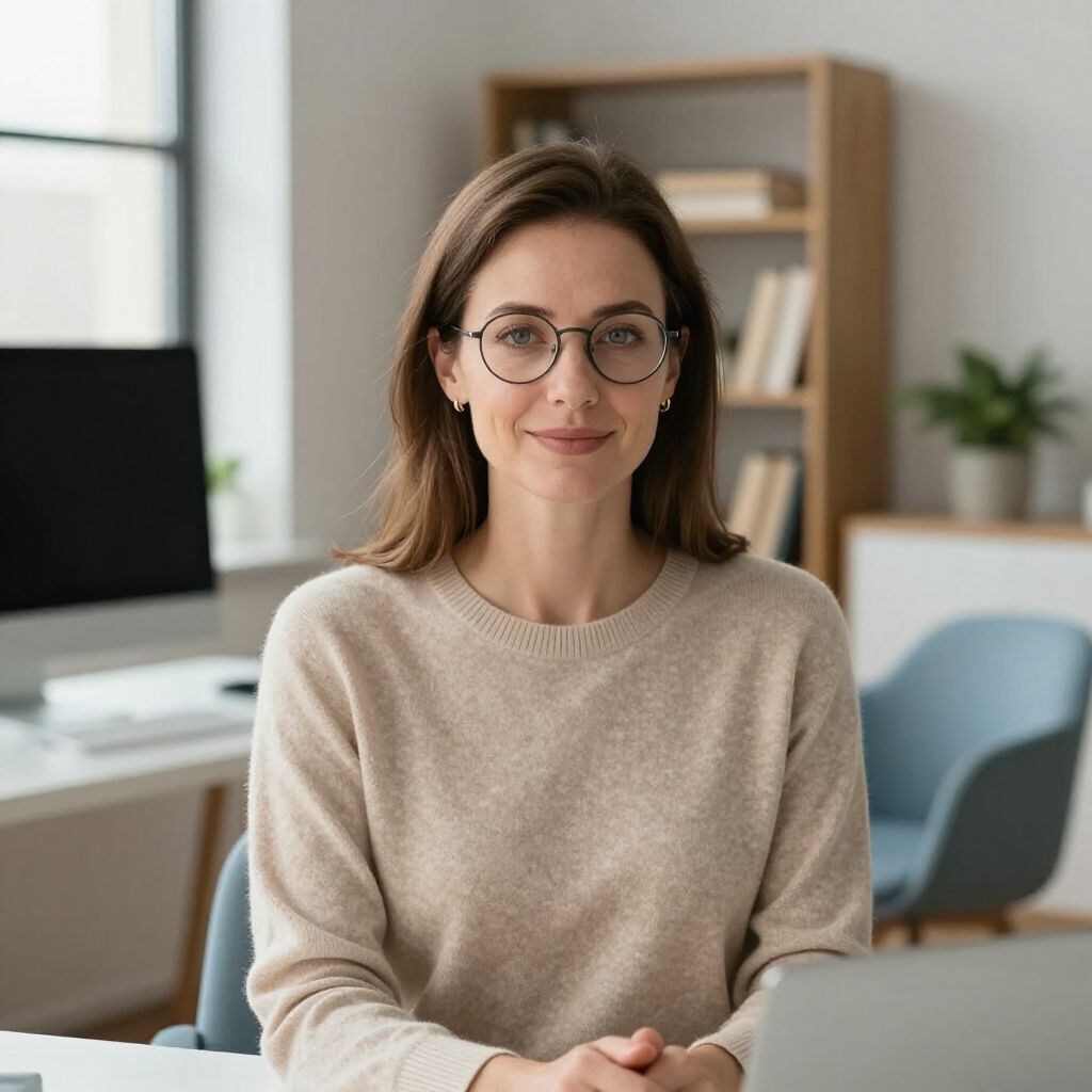 Woman wearing glasses smiles, seated at a desk in a home office setting.