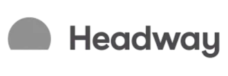 Logo for Headway with a gray, half-circle graphic to the left of the word 
