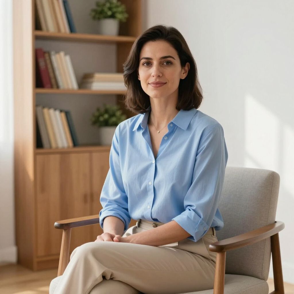 Woman in blue shirt seated in armchair, smiling in front of a bookshelf.