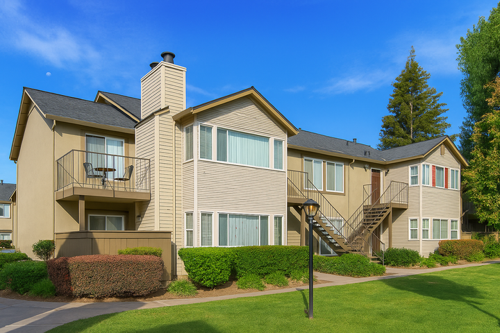 Apartment building with tan siding, green lawn, blue sky, and small balconies.