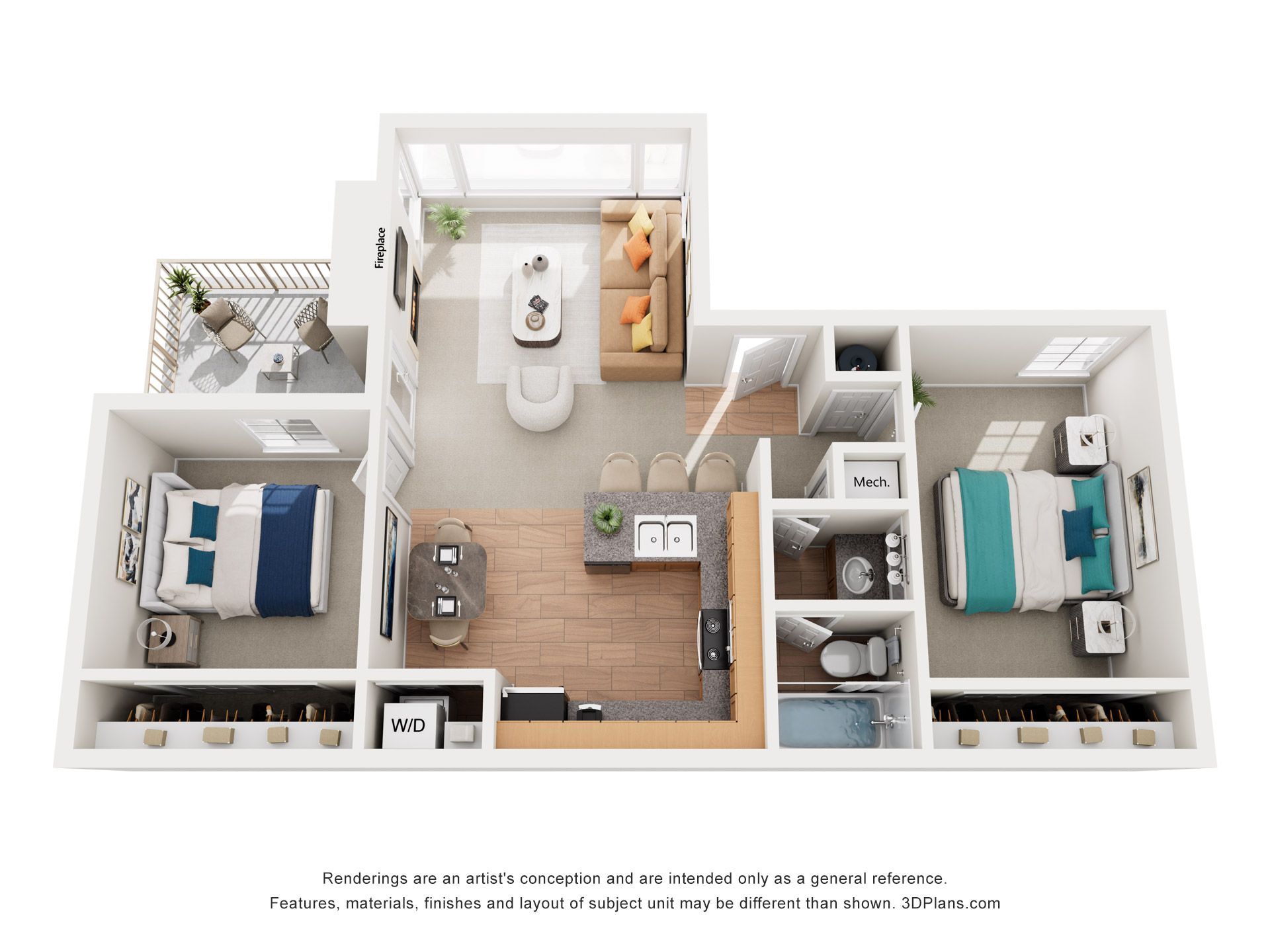 Floor plan of a two-bedroom apartment with living room, kitchen, balcony, and two bathrooms.