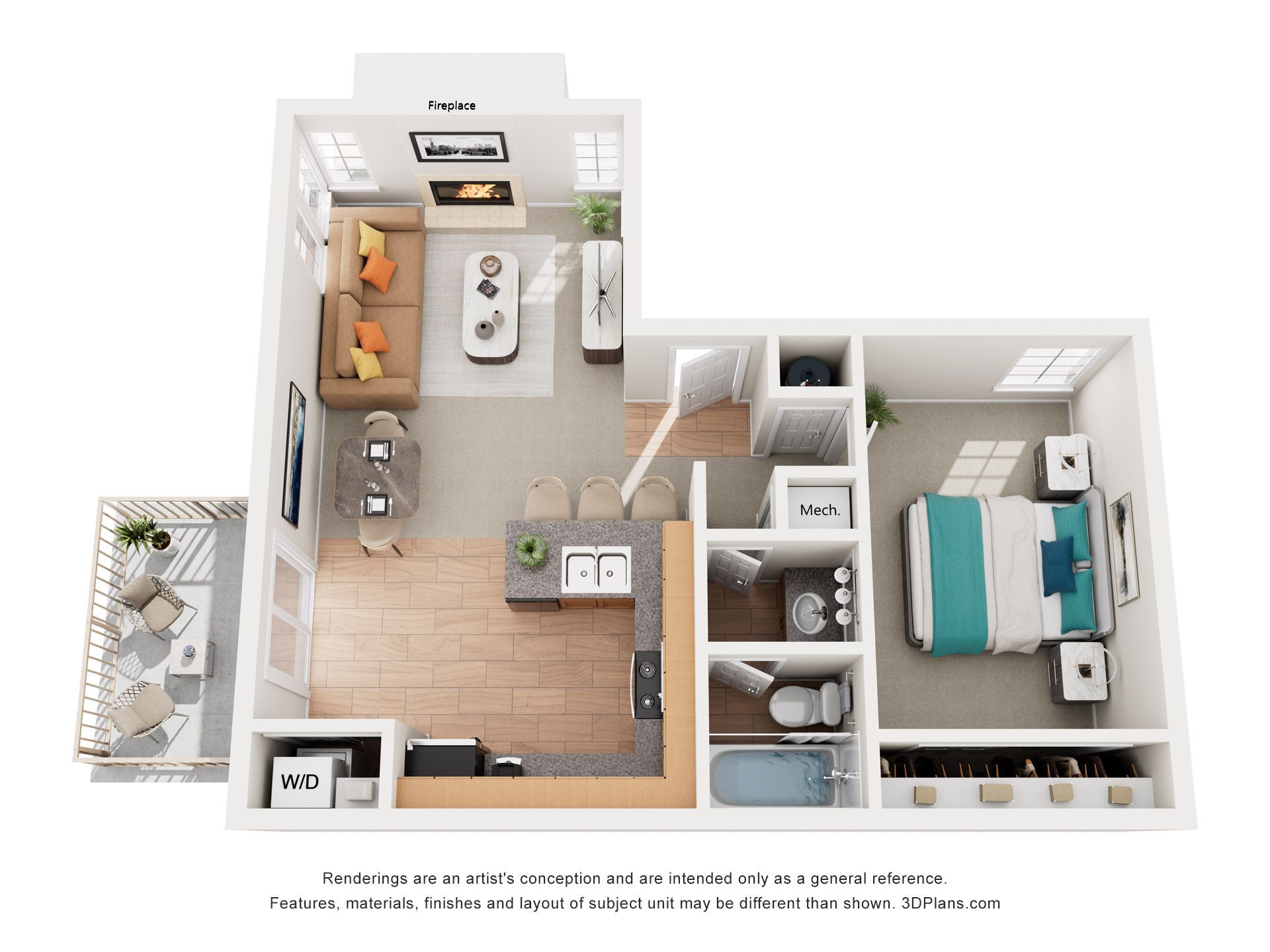 Floor plan of a one-bedroom apartment. Includes kitchen, living area, bedroom, bathroom, and outdoor patio.