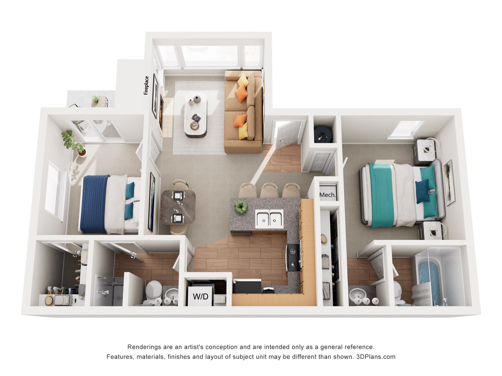 Floor plan of a two-bedroom apartment with living room, kitchen, and dining area.