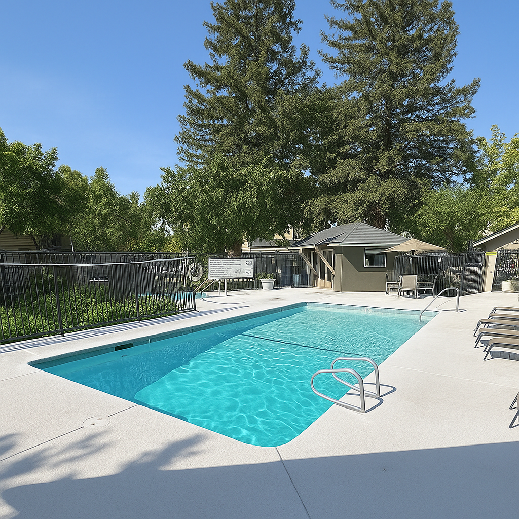 Pool area with turquoise water, lounge chairs, and a small building under a blue sky.