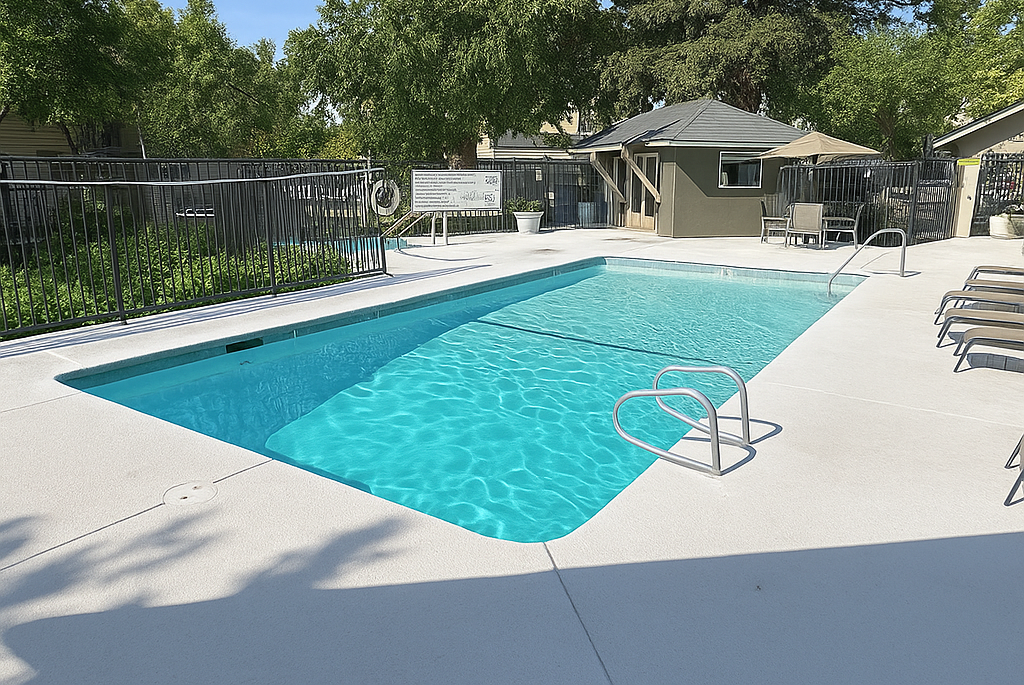 Pool area on a sunny day: turquoise water, lounge chairs, small building, tall trees, blue sky.