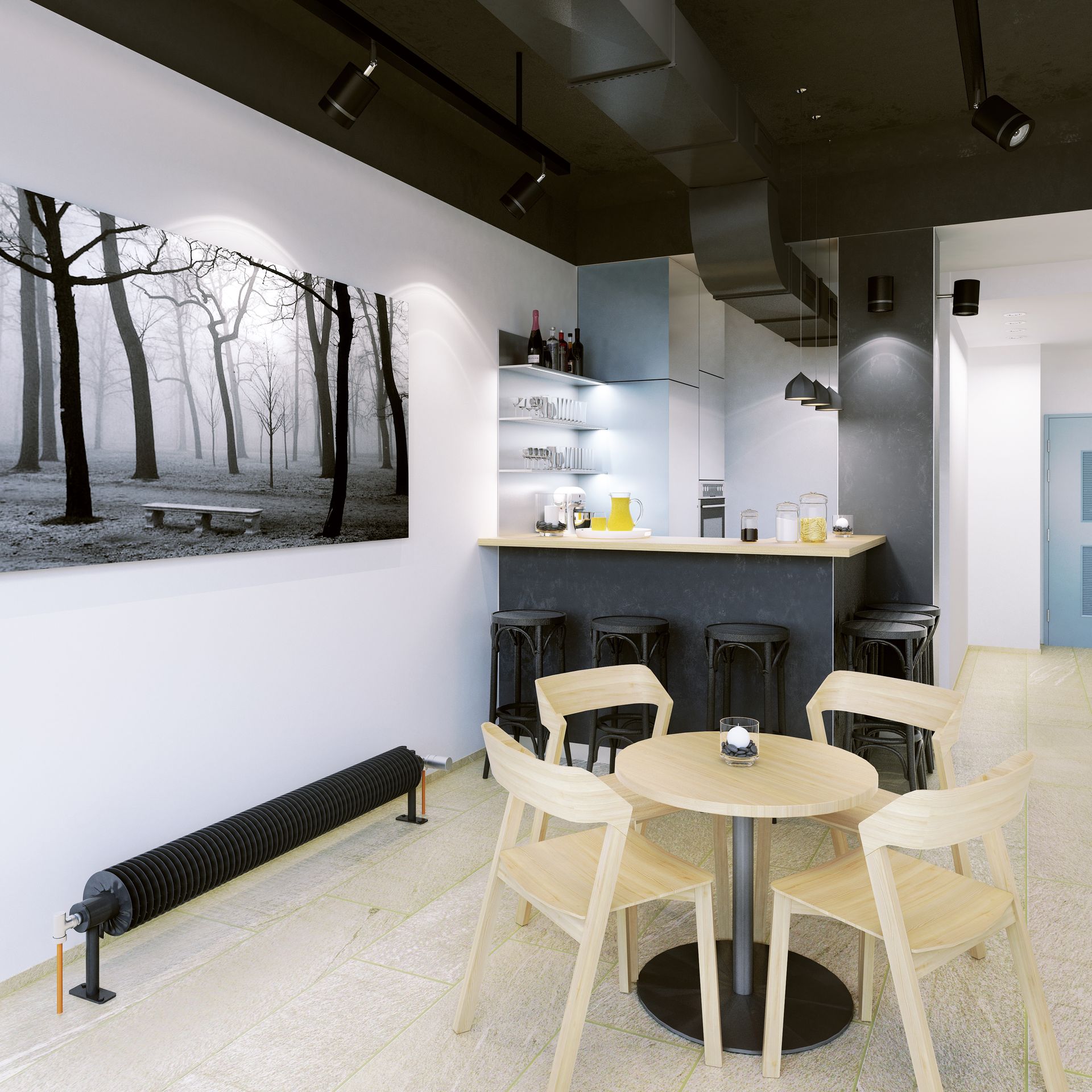 Ein Essbereich mit einem runden Tisch und vier Holzstühlen, einer Bartheke mit Hockern und einem Wandbild mit Waldmotiv.