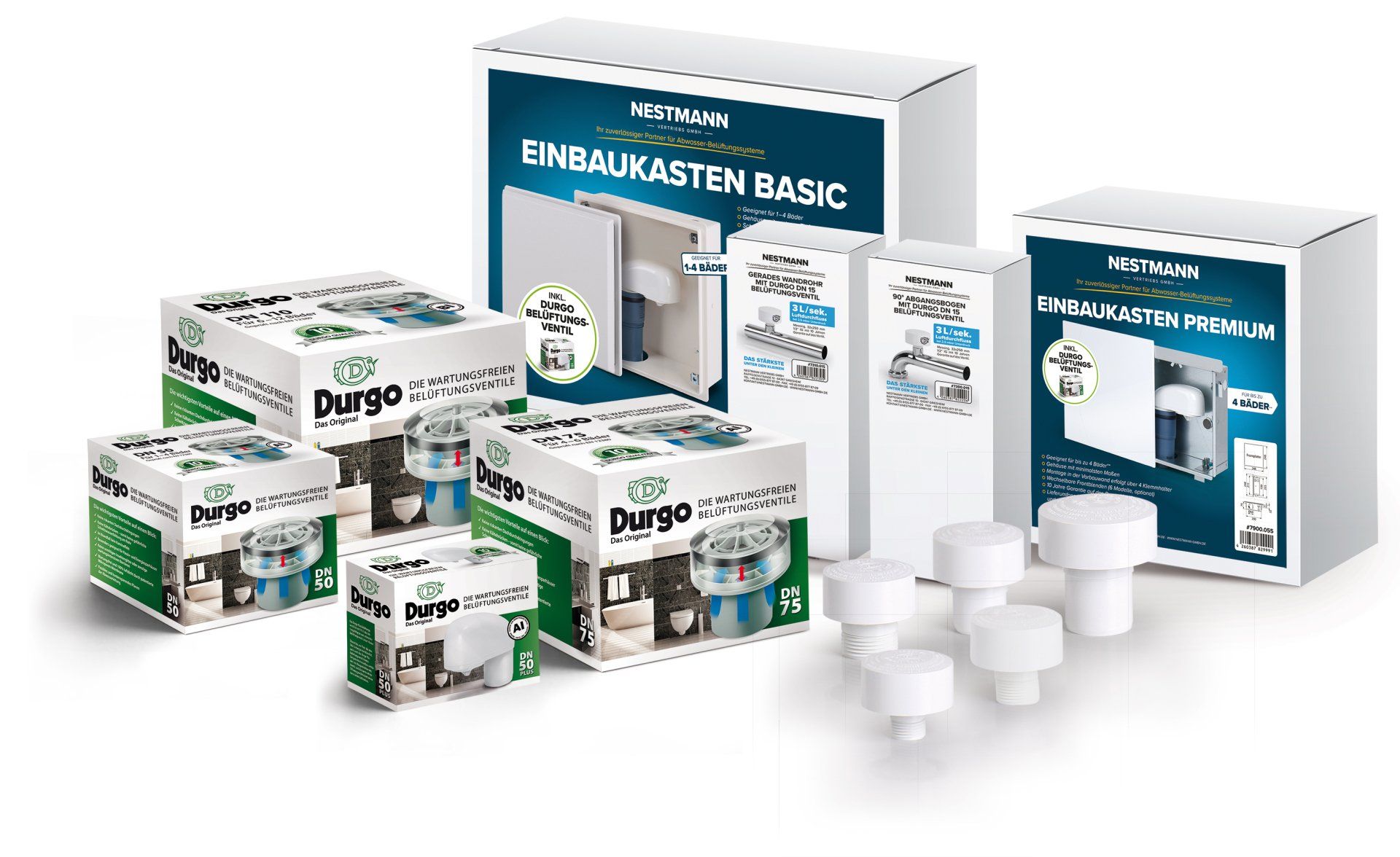 Eine Gruppe von Kisten, die nebeneinander auf einer weißen Fläche stehen.