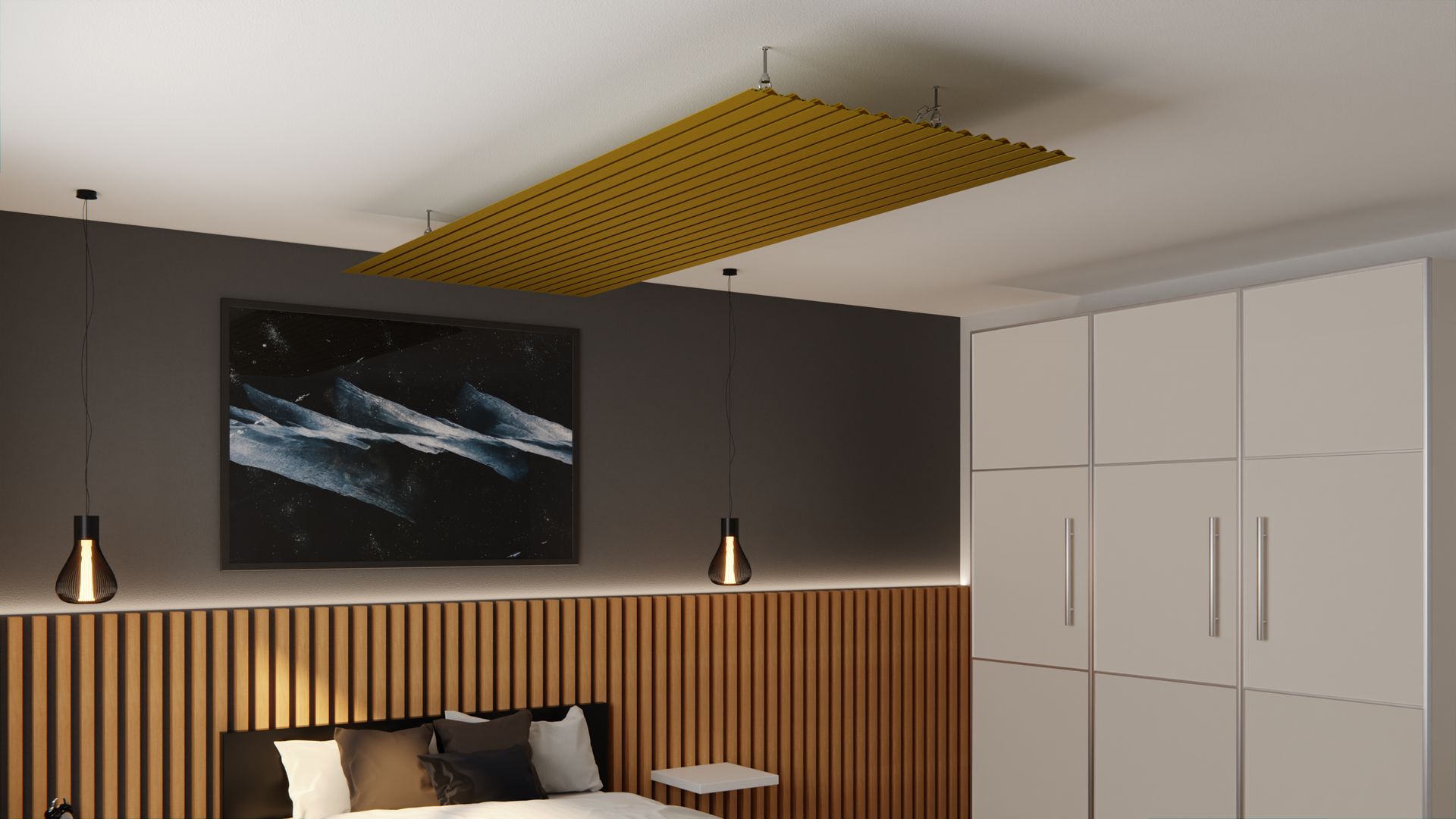 Ein Schlafzimmer mit Holzwandpaneelen, einem dunklen abstrakten Gemälde, Hängeleuchten und einer Deckenverkleidung.