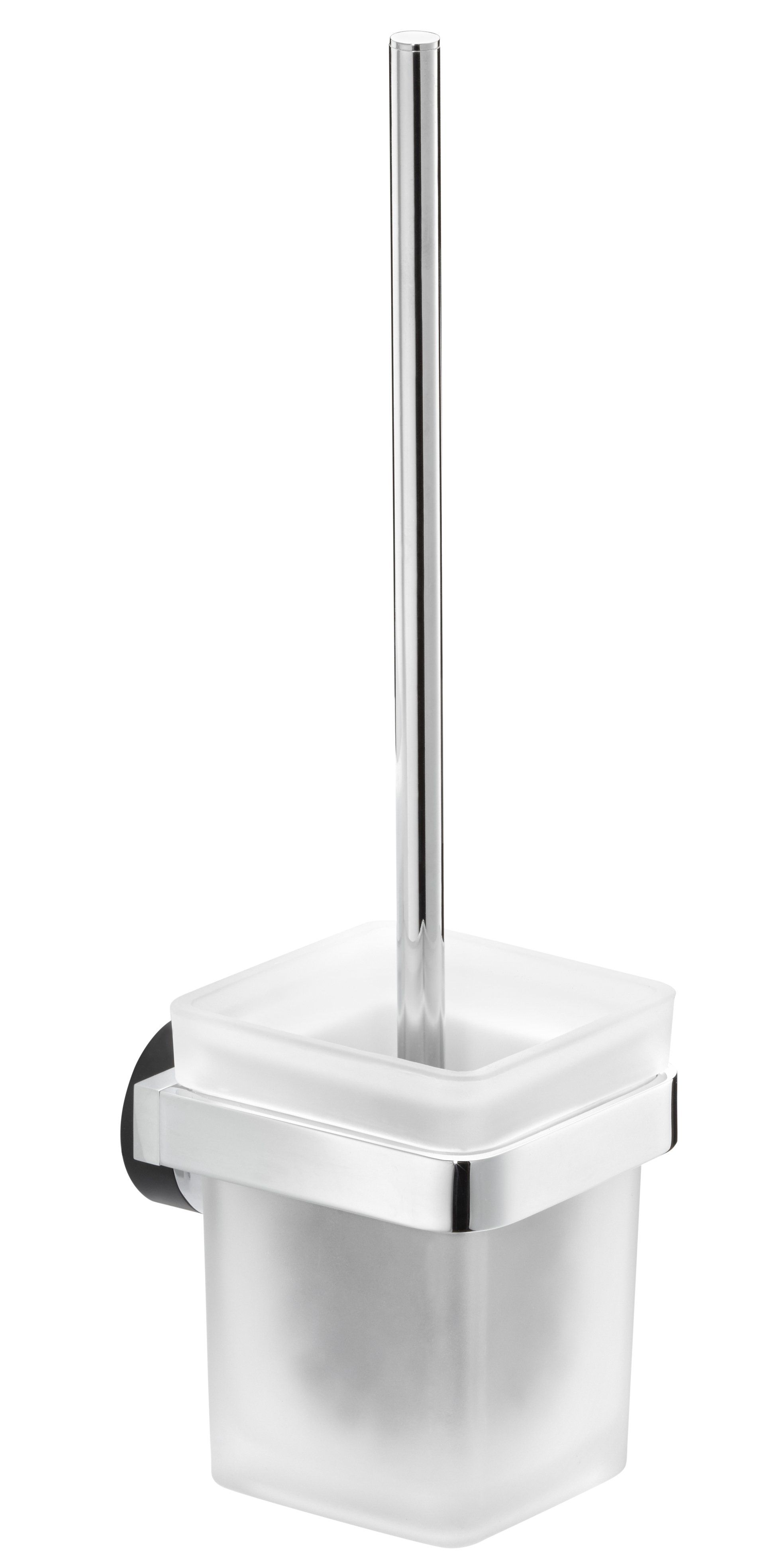 Eine Toilettenbürste in einem Glashalter auf einem weißen Hintergrund.