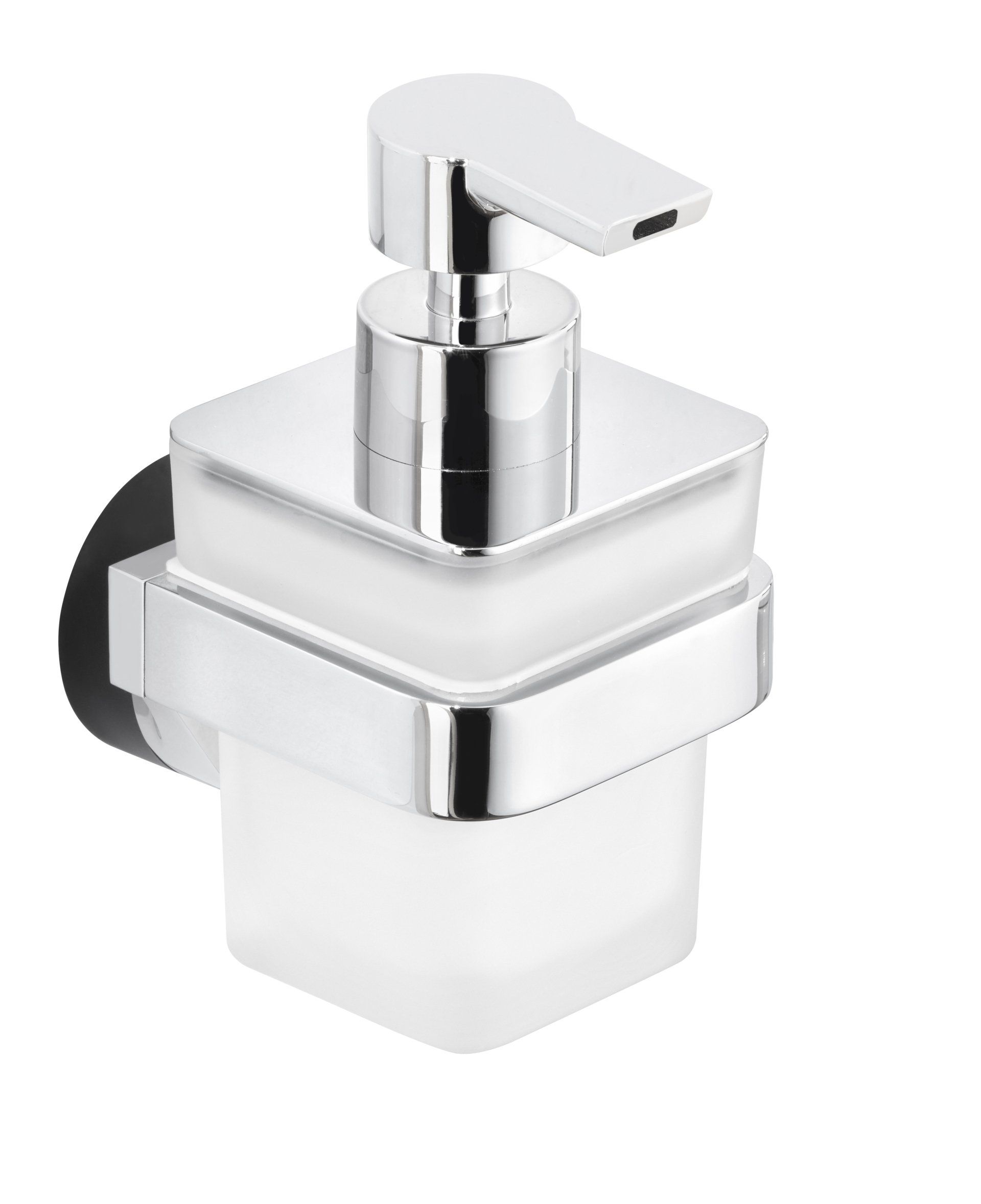 Ein Seifenspender mit daran befestigtem Glashalter.