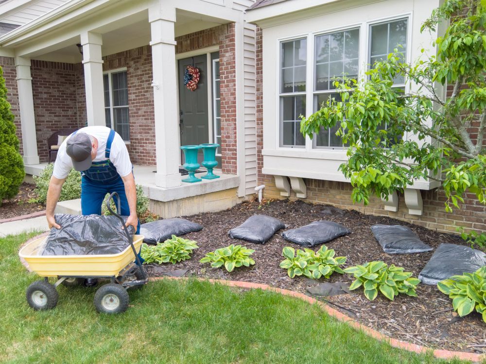 Man in Overalls Spreads Mulch From a Cart in a Front Yard With Plants — Ace Clearing & Mulching In Diamond Beach, NSW