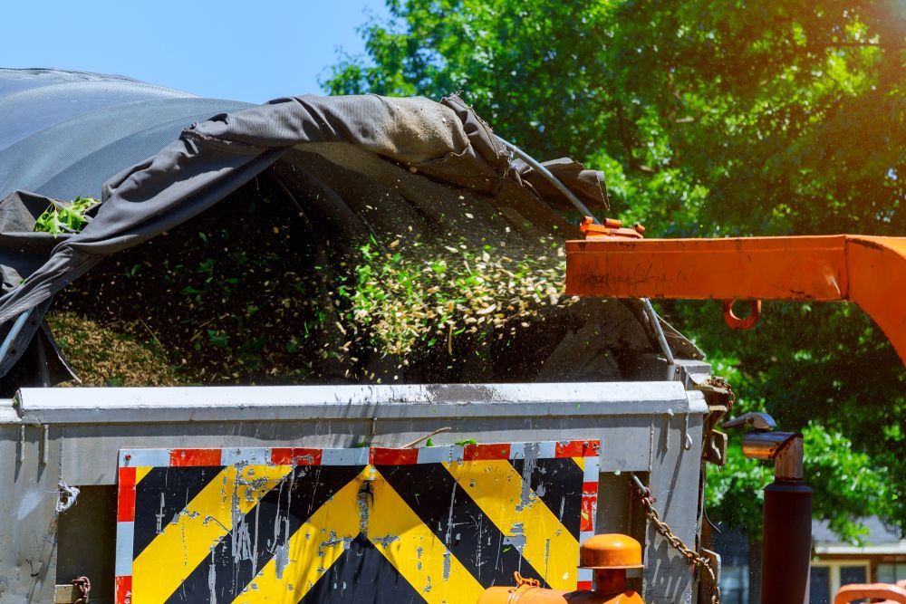 A Wood Chipper, Chipping Green Debris Into a Truck — Ace Clearing & Mulching In Old Bar, NSW