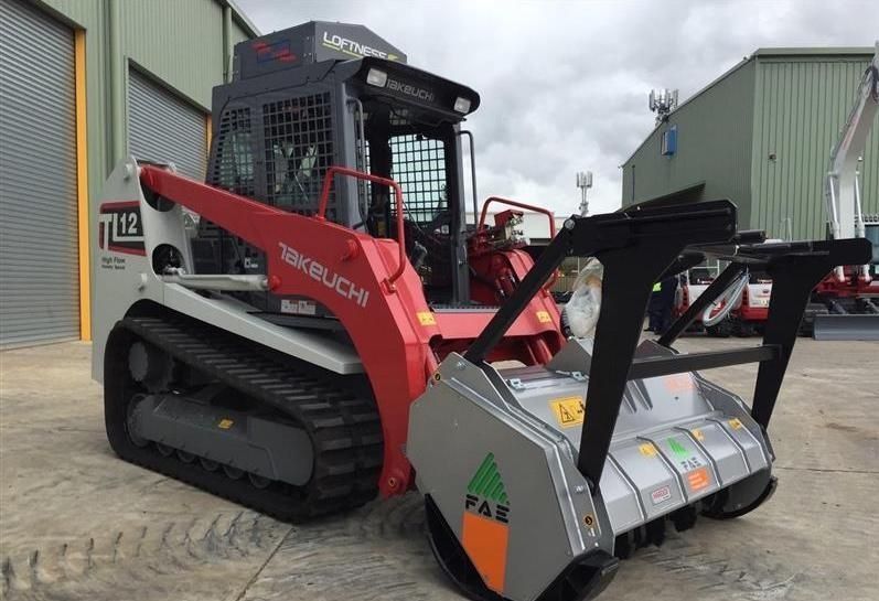 Red and Silver Takeuchi Track Loader With Brush Cutter Attachment; Outdoors — Ace Clearing & Mulching In Old Bar, NSW