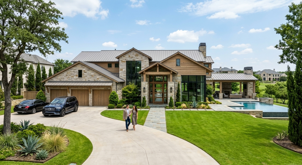 A luxurious, modern mountain-style custom home with a stone and wood exterior, metal roof, and large windows. The house features a prominent front entrance, three-car garage with parked luxury SUVs, a beautiful green lawn with a curved paved driveway, professional landscaping with native plants (agave), a backyard swimming pool, and an outdoor living area. A couple is walking on a pathway in the front yard under a partly cloudy sky.