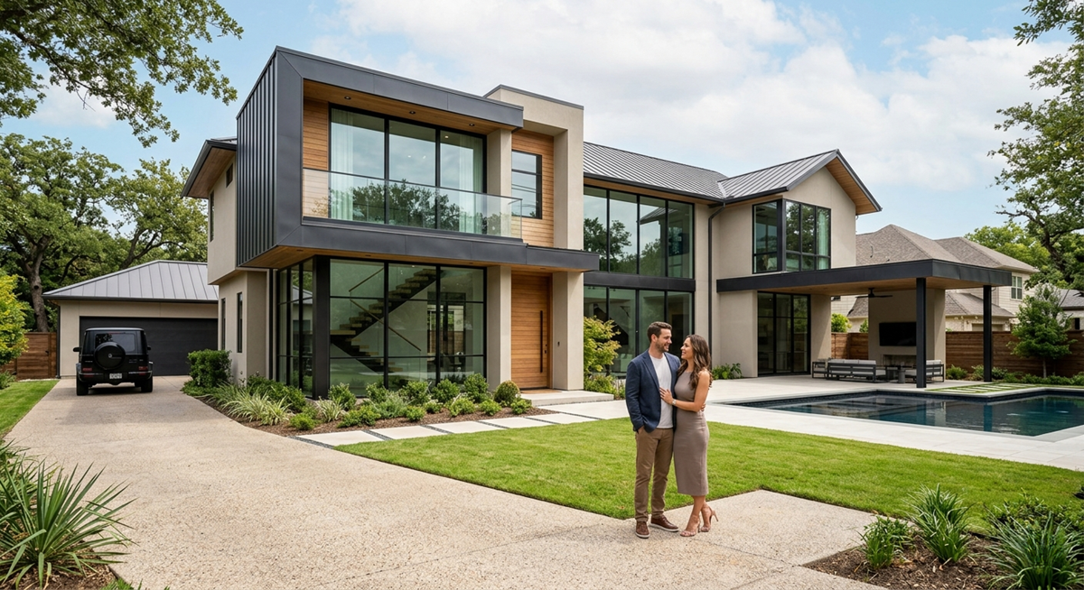 A happy couple standing in the manicured front yard of a modern luxury custom home in Dallas, featuring clean architectural lines, large floor-to-ceiling windows, natural wood accents, a metal roof, and an adjacent swimming pool.