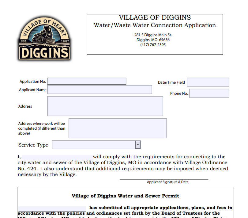 A village of diggins water / waste water connection application