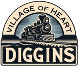 A logo for village of heart diggins with a train in the background