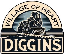 A logo for village of heart diggins with a train in the background