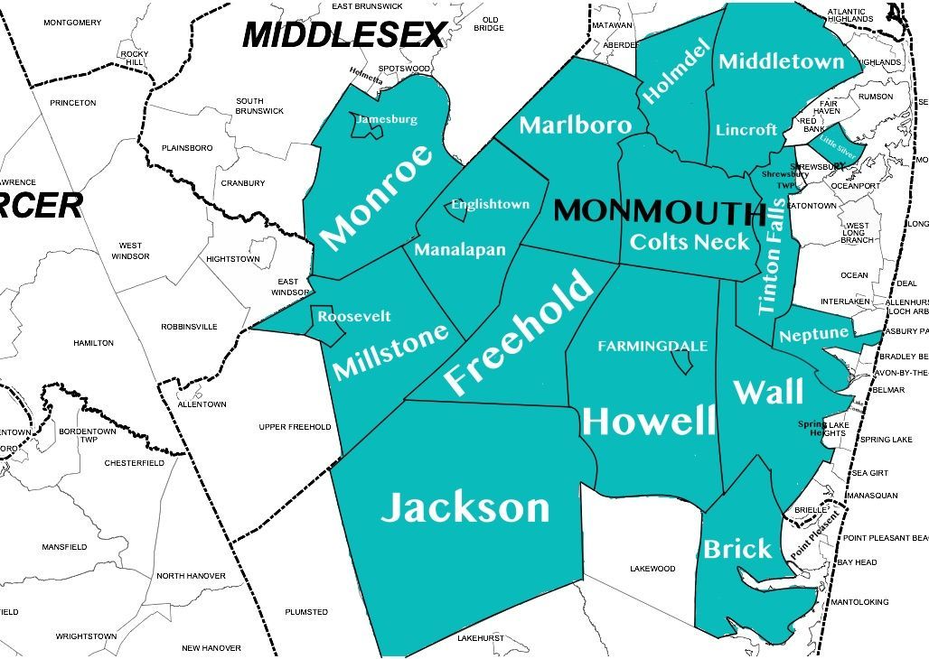 A map of all services areas which include: Brick, Colts Neck, Englishtown, Freehold, Holmdel, Howell, Jackson, Jamesburg, Lincroft, Little Silver, Manalapan, Marlboro, Middletown, Millstone, Monroe, Neptune, Roosevelt, Tinton Falls, Wall