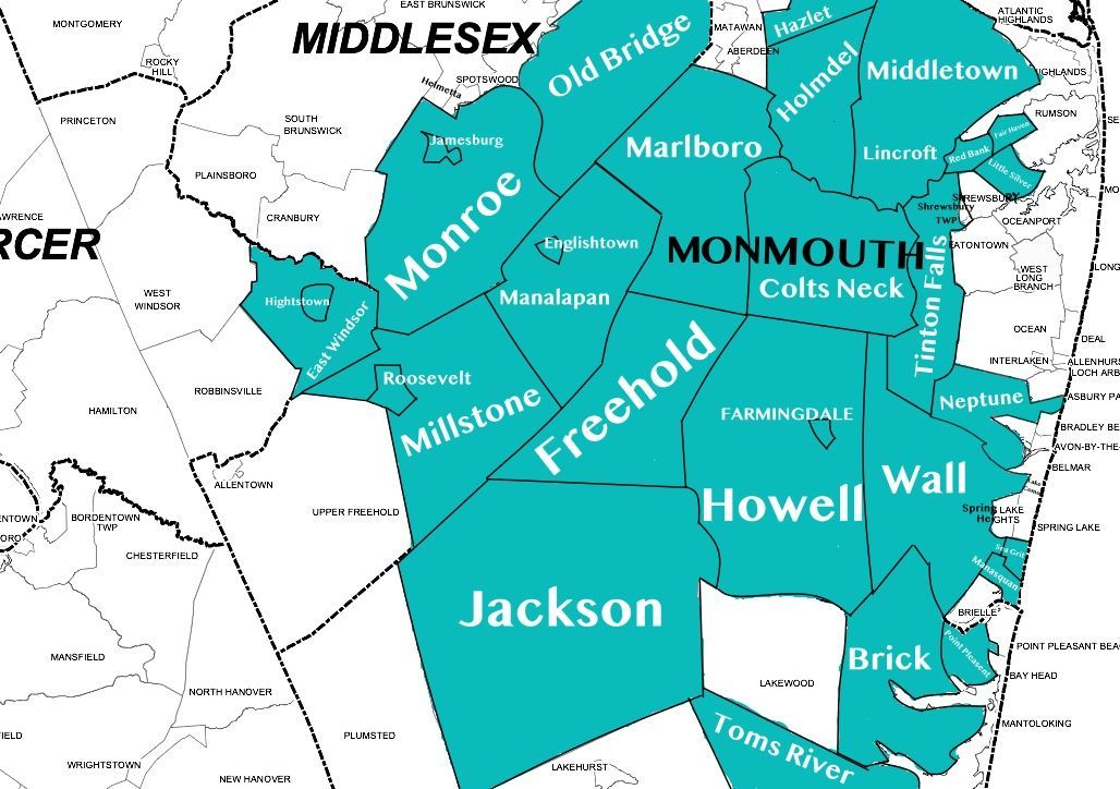 A map of all services areas which include: Brick, Colts Neck, Englishtown, Freehold, Holmdel, Howell, Jackson, Jamesburg, Lincroft, Little Silver, Manalapan, Marlboro, Middletown, Millstone, Monroe, Neptune, Roosevelt, Tinton Falls, Wall